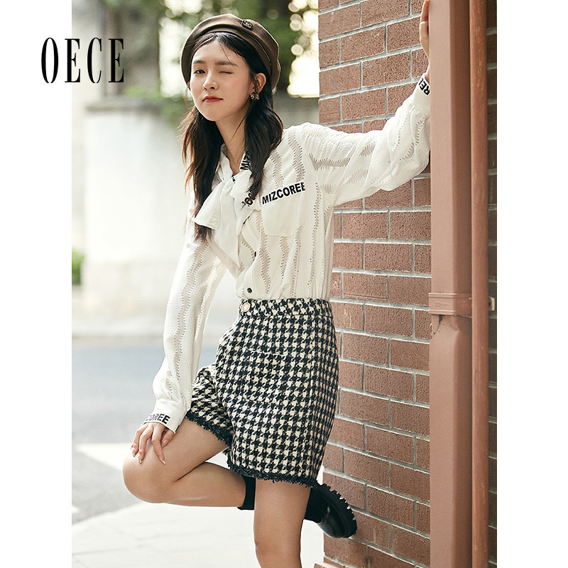Oece复古千鸟格裤子冬装新款女装高腰裤女士气质百搭短裤秋冬