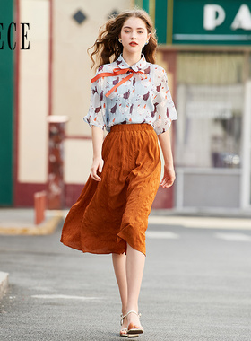 Oece春夏新款女装Chic文艺复古短裙子高腰中长A字半身裙