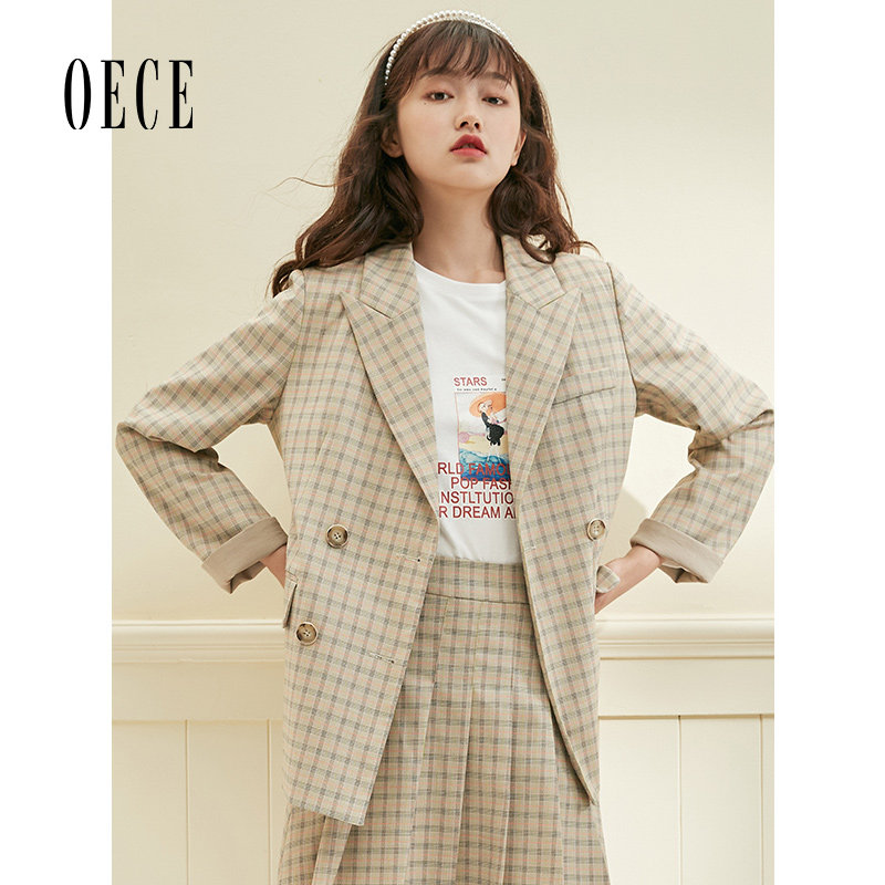 Oece秋装新款女装 校园复古格纹英伦西服气质减龄小西装外套