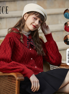 Oece开衫毛衣外套秋冬新款复古毛针织衫女设计感上衣