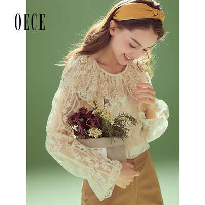 Oece春装新款女装 法式仙女上衣复古梦幻亮片水溶蕾丝衬衫