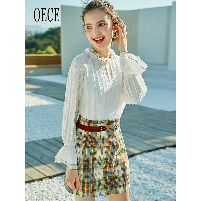 Oece春秋装新款女装 Yummy复古英伦格纹个性高腰短裙半身裙