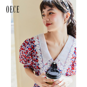 Oece复古碎花连衣裙夏装新款女装温柔法式蕾丝领气质裙子