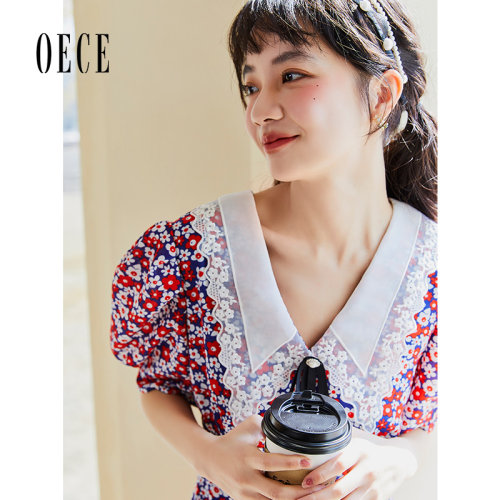 Oece复古碎花连衣裙夏装新款女装温柔法式蕾丝领气质裙子