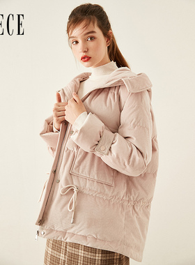 Oece冬新款女 甜美复古减龄连帽灯芯绒羽绒服外套