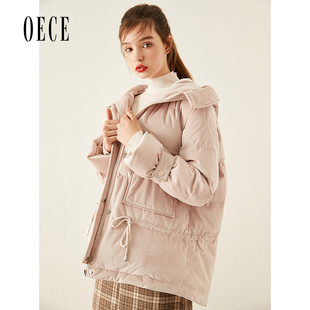 Oece冬新款女 甜美复古减龄连帽灯芯绒羽绒服外套