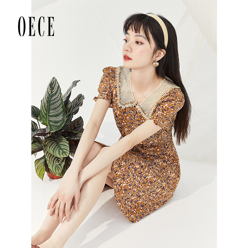 Oece韩系碎花裙春夏新款女装法式复古连衣裙薄款短袖裙子