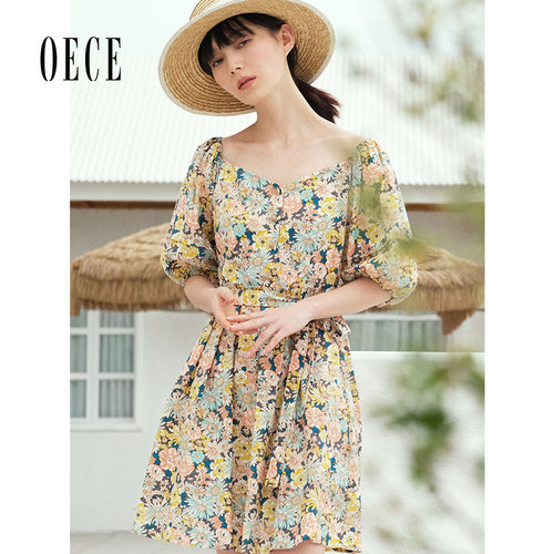 Oece夏装新款印花连衣裙气质复古收腰碎花裙子