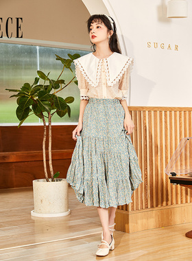 Oece复古半身裙夏季新款女装清新文艺裙子高腰百搭碎花中长裙