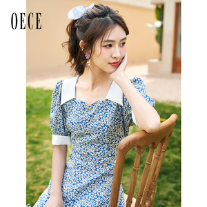 Oece气质碎花裙春夏新款女复古裙设计感小众连衣裙