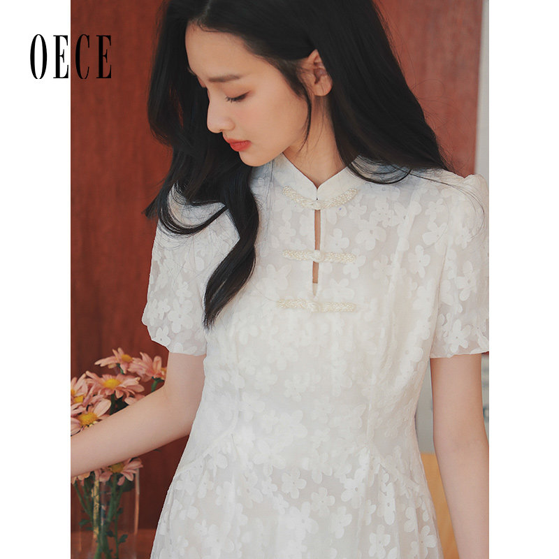 Oece白色女裙春夏新款连衣裙女国风改良旗袍裙子