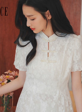 Oece白色女裙春夏新款连衣裙女国风改良旗袍裙子