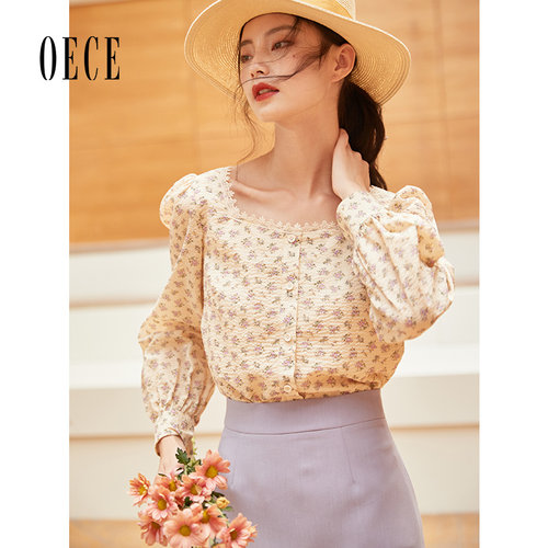 Oece温柔复古衬衫泡泡袖碎花长袖