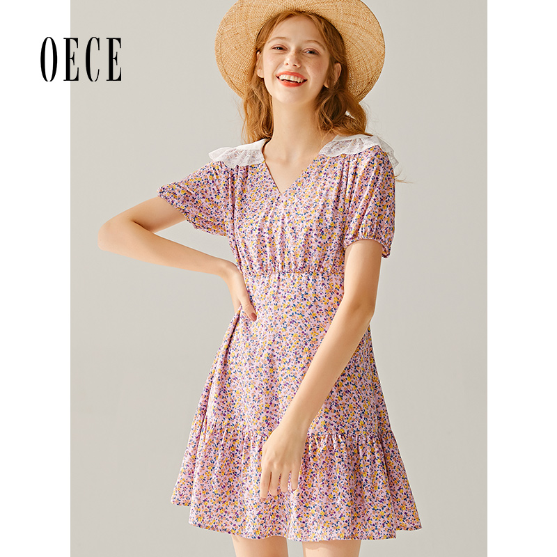 OECE夏装新款女装 温柔碎花法式蕾丝翻领短袖雪纺连衣裙