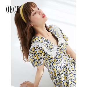 Oece夏装新款女装 治愈小女法式甜美蕾丝短袖碎花连衣裙