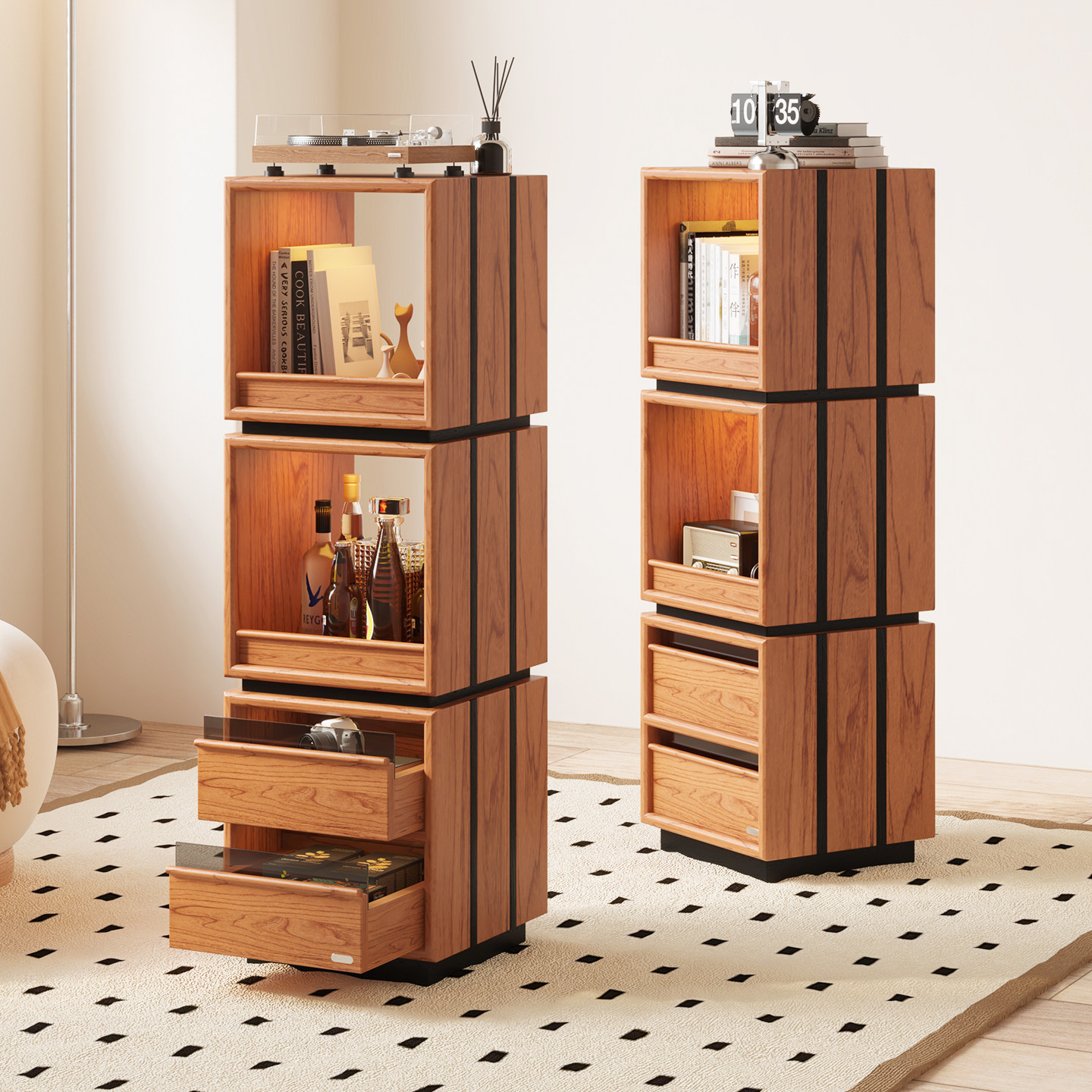 实木旋转书架360樱桃木落地书柜客厅酒柜收纳储物置物杂志展示架