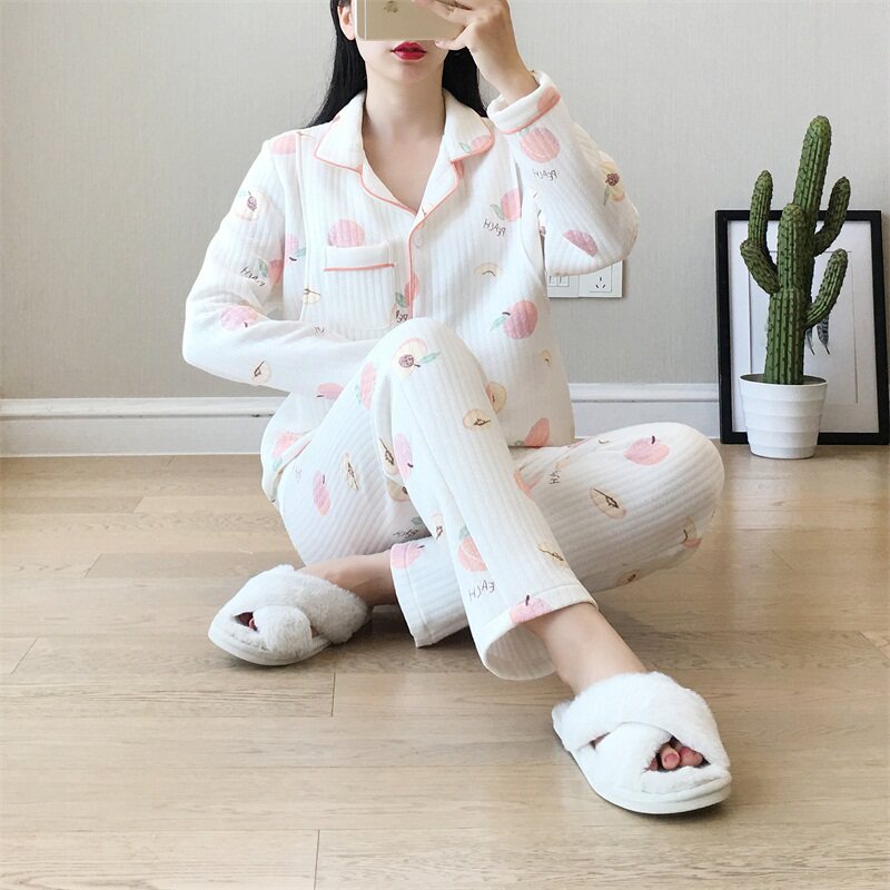 山月记 女式西装领空气棉月子服哺乳服睡衣家居服套装（水蜜桃）