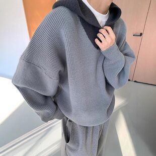 宽松连帽套头男韩系风休闲灰色高级感秋冬穿慵懒毛衣外套搭针织衫
