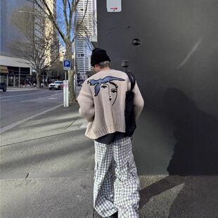 秋冬男开衫针织毛衣外套纽扣百搭和平鸽油画慵懒复古休闲美式圆领