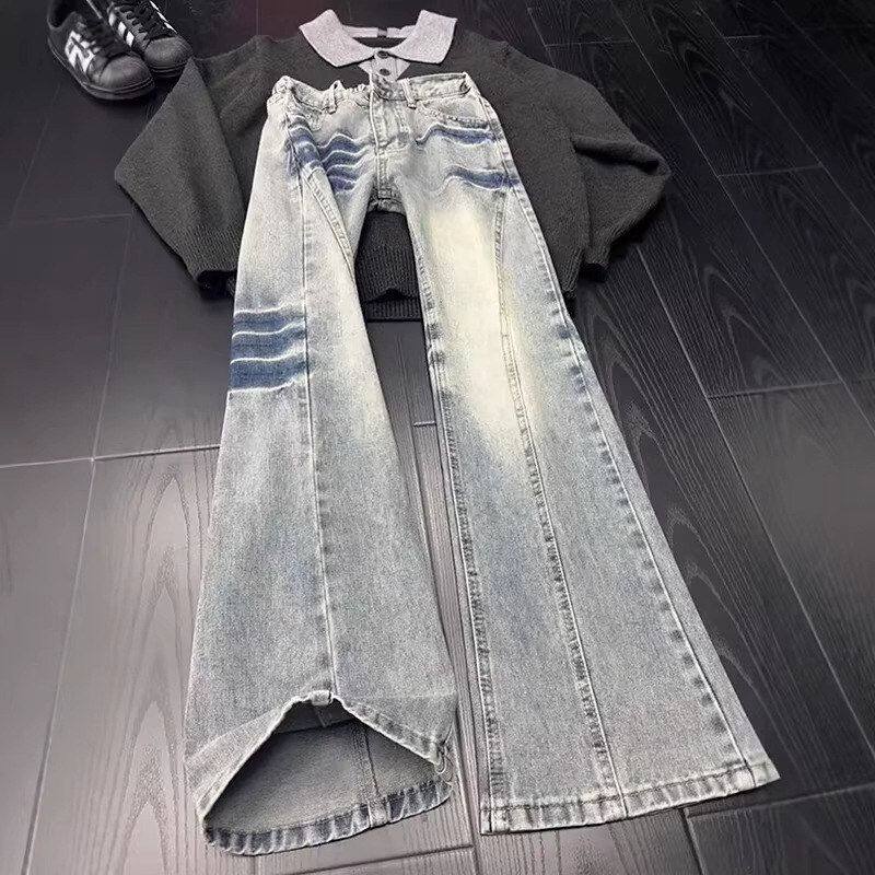 直筒2026牛仔裤男款裤子闪电斜切复古vibe纹冬季春秋美式微喇高街