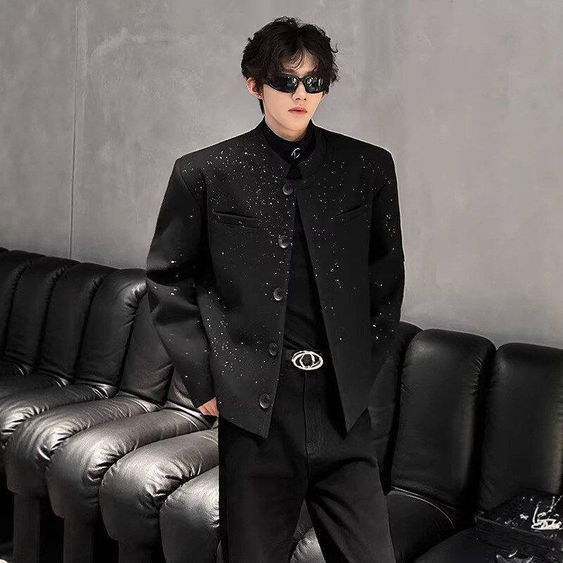 西装穿夹克短款男春秋垫肩搭立领呢料痞帅外套夜店痞帅撒银高级感