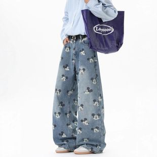 百搭牛仔裤高街裤子宽松卡通个性设计感潮牌长裤男女印花米奇秋季