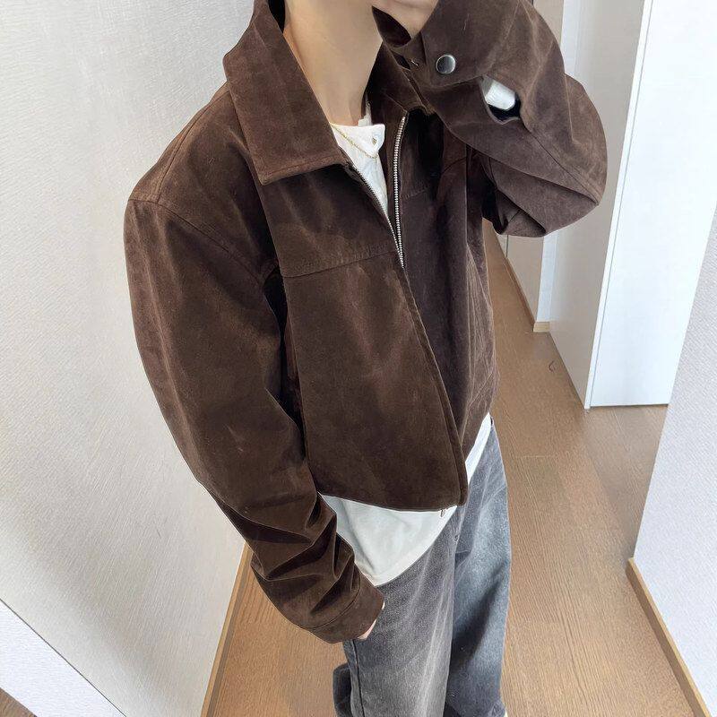 男绒anfit春季正肩复古夹克le外套高级感棕色c短款美式麂皮翻领男