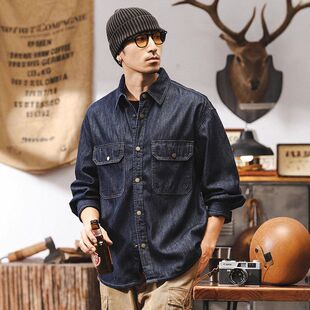 原色衬衫复古春秋纯色工装美式明线冬季牛仔长袖新款衬衣男男外套
