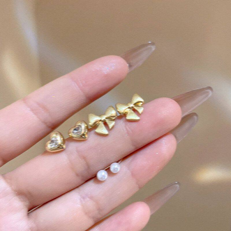 爱心时尚简约珍珠耳饰套装女三对装耳钉耳环百搭小巧蝴蝶结高级感