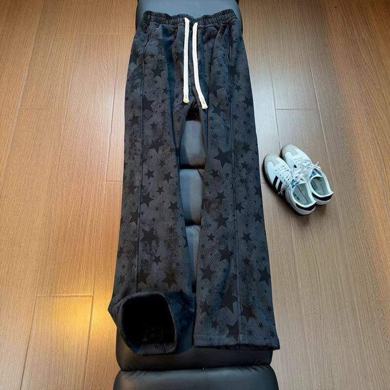 设计感冬季长vide裤子加厚高街裤子直筒黑色星星美式男女卫裤春秋
