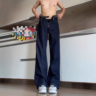 修身弯刀丹宁复古阔腿裤微喇裤美式anfit男款lec牛仔裤子冬季直筒