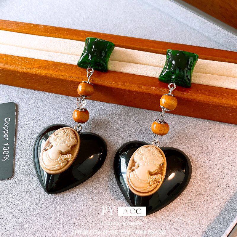 〖雕影垂珰〗跨境树脂木头爱心耳钉中古vintage耳环简约复古耳饰