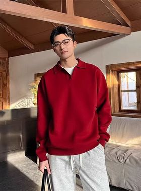 针织V海鸥风穿老钱可外穿毛衣上衣领红色搭P本命年男士olo搭内衫