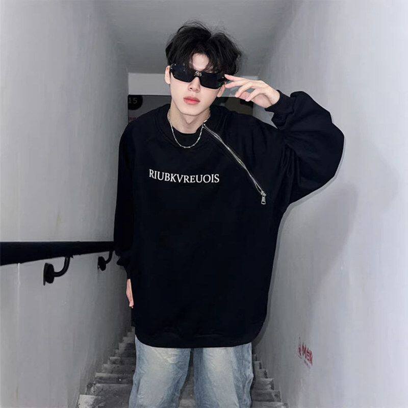 anfit拉链外套黑色高街美式男圆领le高级c春秋无帽痞帅设计卫衣斜