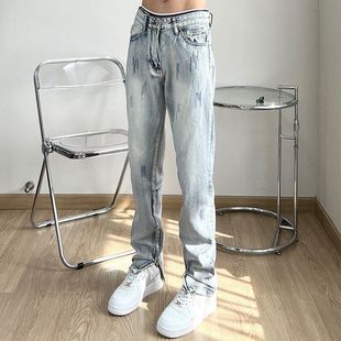 拉链潮牌 直筒hiphop开衩破坏fog男欧美高街显瘦小脚裤 长裤 牛仔裤