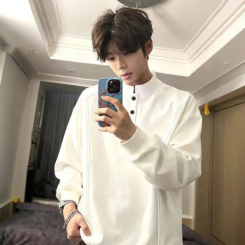 搭卫衣t恤亨利领加绒重磅打底衫秋冬正肩美式白色长袖加厚内男款