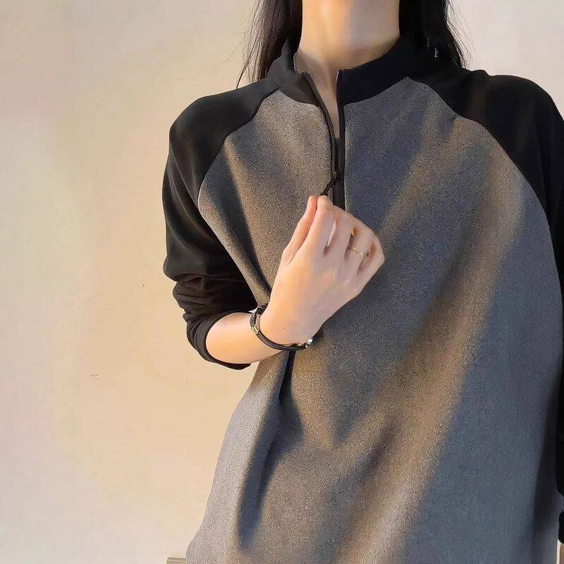 搭长袖卫衣打底衫色拼接立领内撞德绒拉链半男款正肩秋冬t恤美式