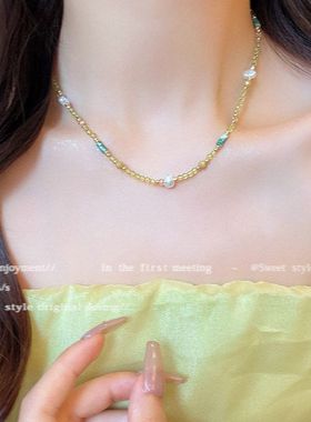 仿锁骨链小众女百搭颈淡绿色石天然配饰珍珠项链简约多巴胺串珠链