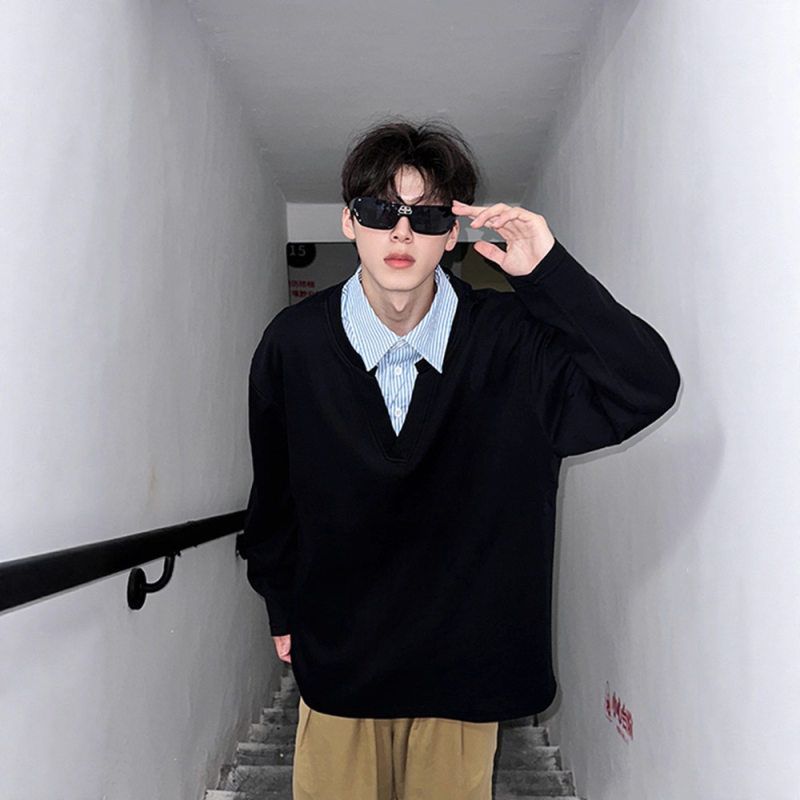 衫秋冬季外套黑色条纹衬衫假两件