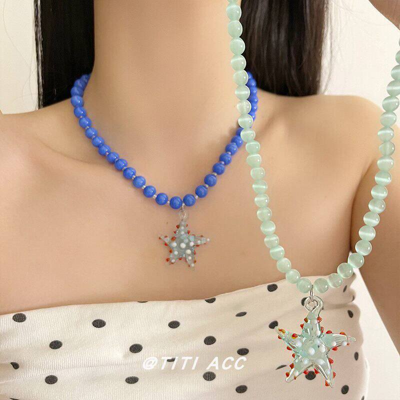 玻璃琉璃度假风海边女项链高级感串珠简约锁骨海星时尚饰品吊坠链