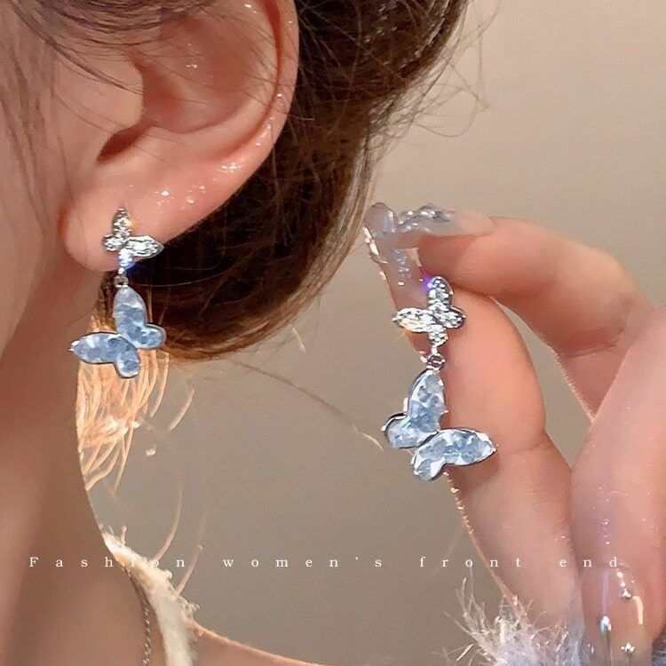 设计流苏蓝色气质小瘦蝴蝶水晶