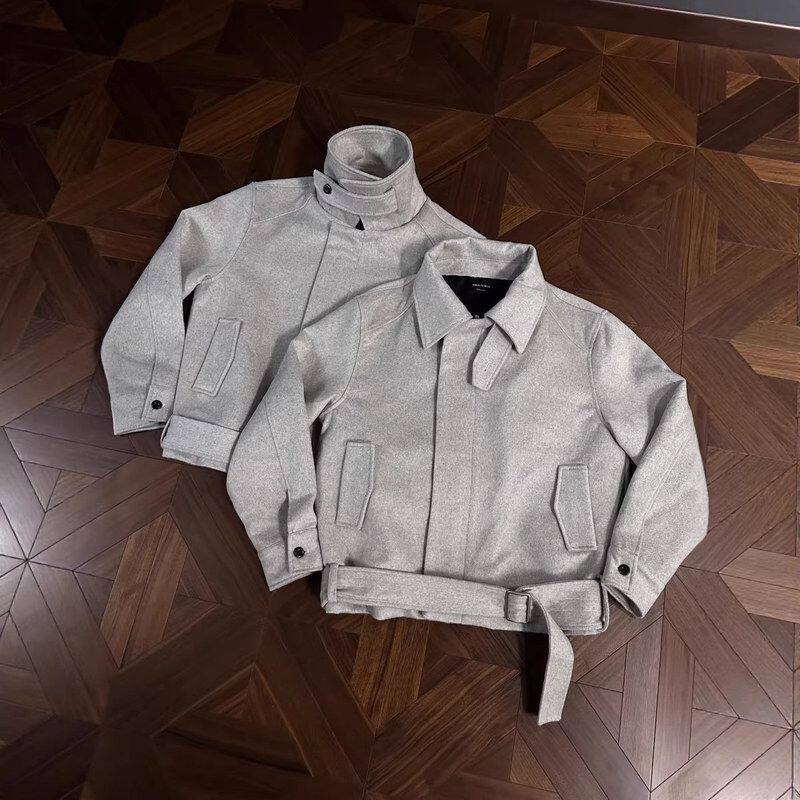 解构加厚上衣翻领花纱绑带羊毛保暖外套正肩毛呢夹克春秋痞帅男女