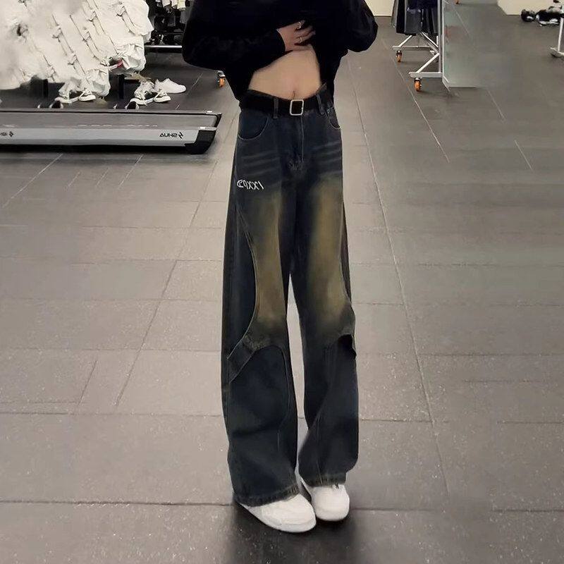 拼接蓝男款解构加长复古工装裤春季美式高个子宽松裤子牛仔裤直筒