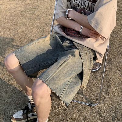 男牛仔短裤潮牌复古水洗裤子阔腿