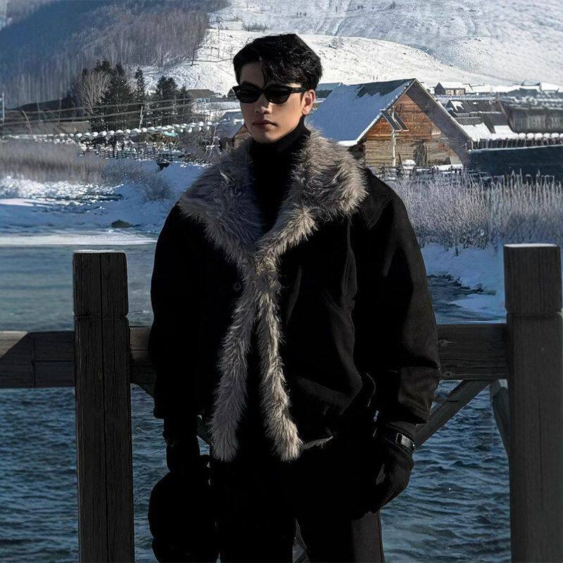 翻领皮毛加厚保暖美式座山雕冬季一体外套棉衣夹克棉服设计感男款