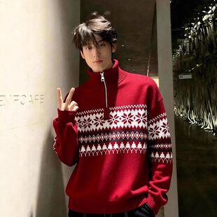 冬季半感高领氛围外套男款美式跨年针织衫红色拉链提花毛衣费尔岛