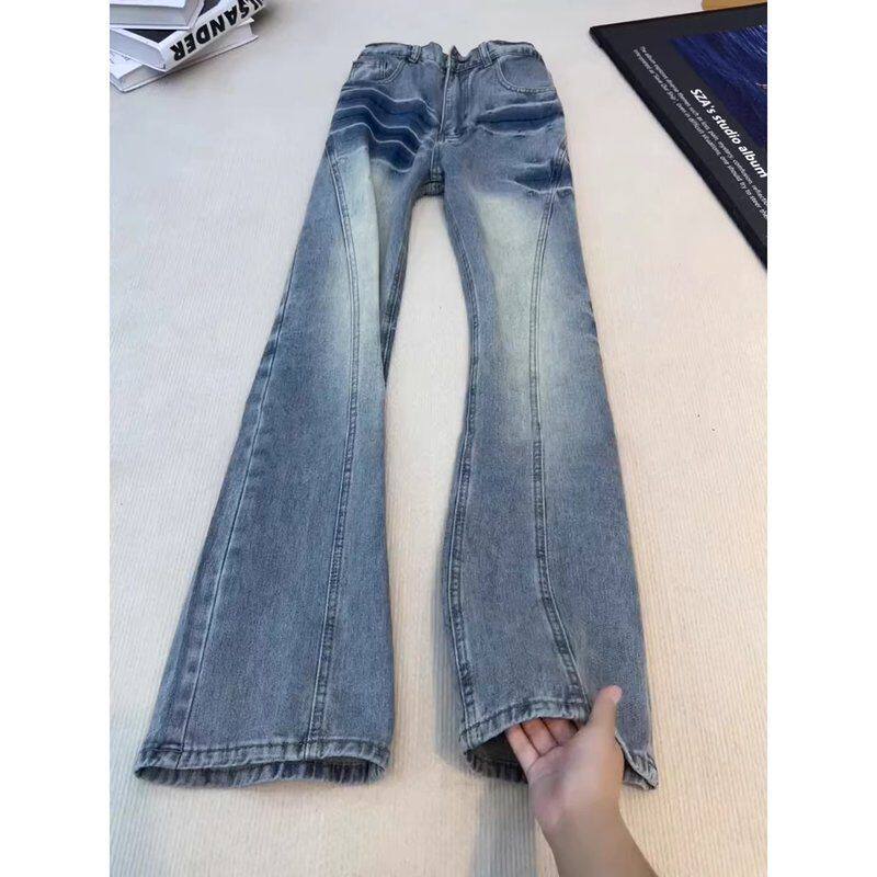 闪电纹修身美式裤子蓝色le斜切冬季弯刀直筒牛仔裤男c微喇裤anfit