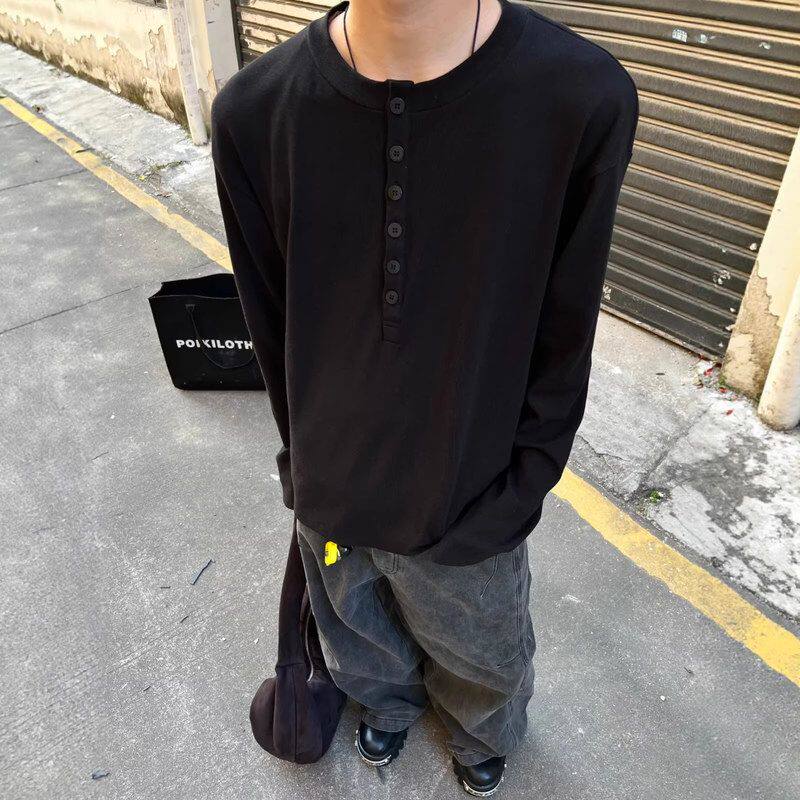 2026亨利领宽松黑色长袖半打底衫休闲春秋季衣服开襟T恤薄款男上