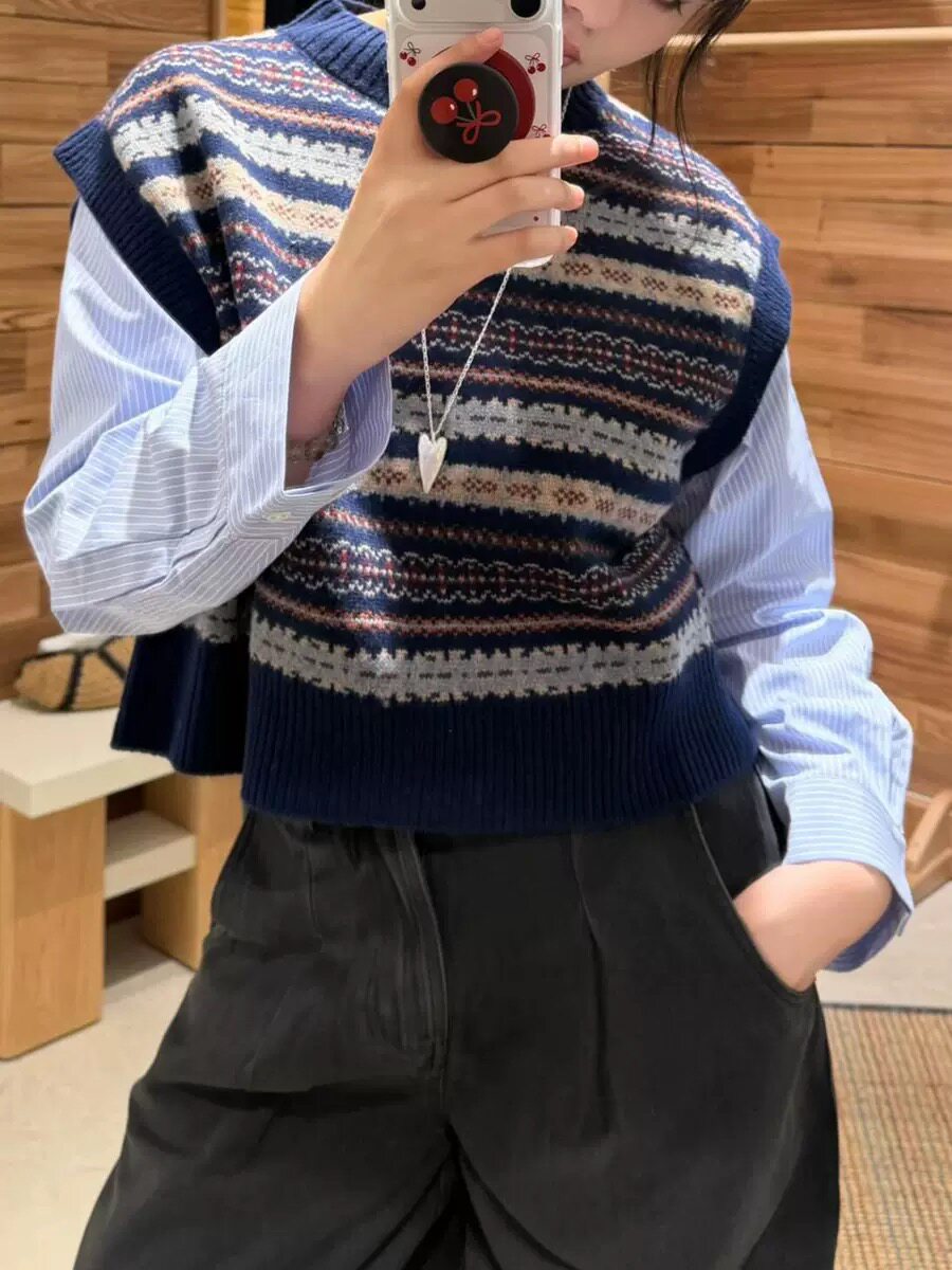 26春季新款SEA女装假两件长袖上衣复古针织毛衣叠层衬衫羊毛马甲