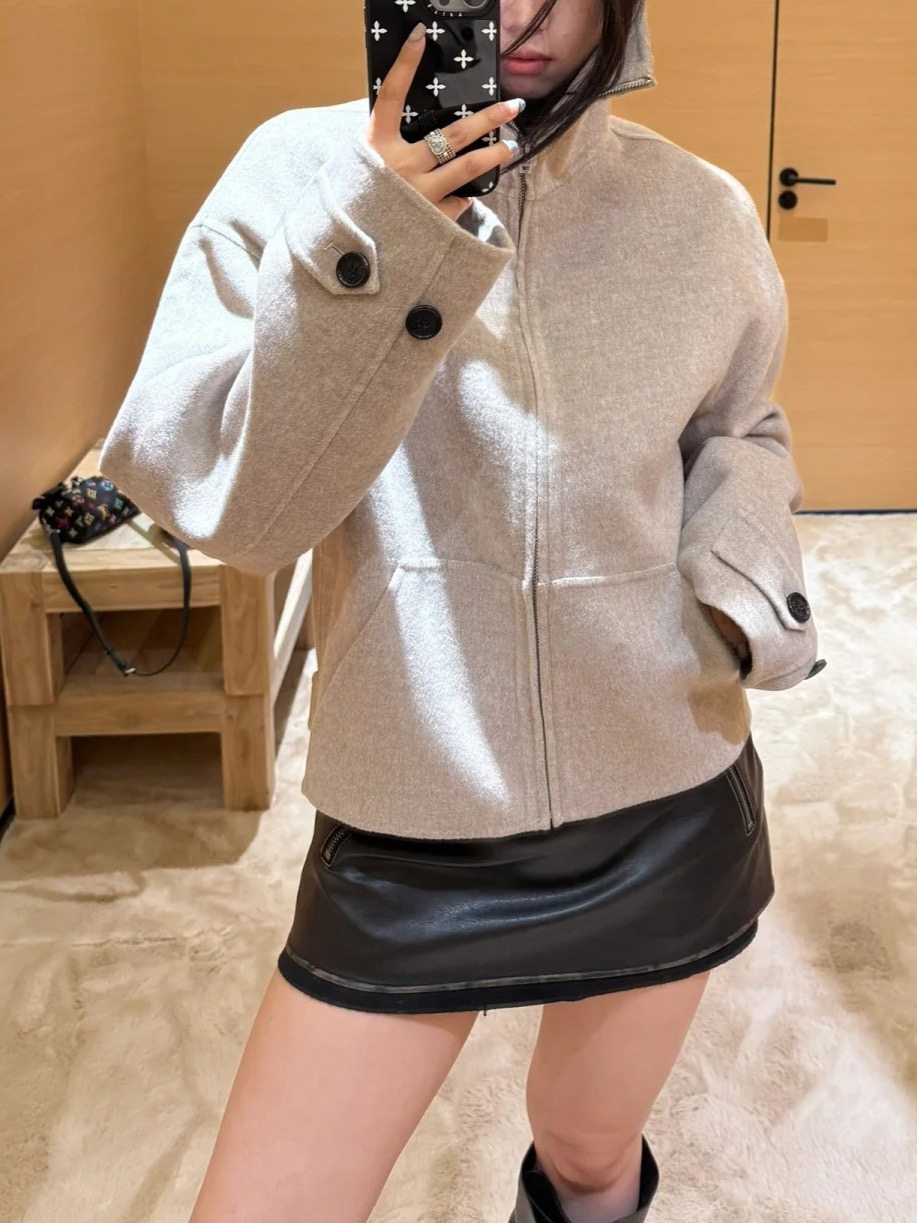 25秋冬新款AC羊毛混纺拉链高领夹克外套宽松小香风双面尼短大衣女